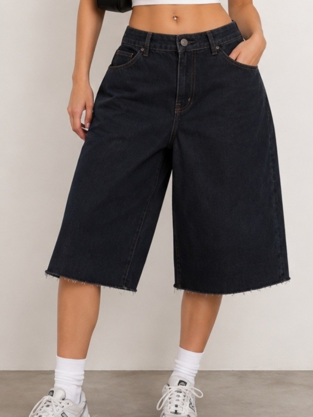 We The Free Black Wide-Leg Denim Bermuda Shorts